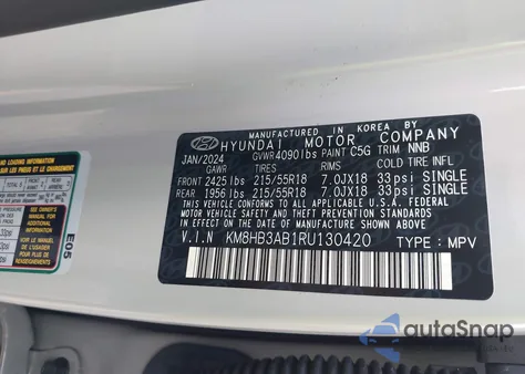 2024 Hyundai Kona Sel z USA, uszkodzony, nr VIN KM8HB3AB1RU130420